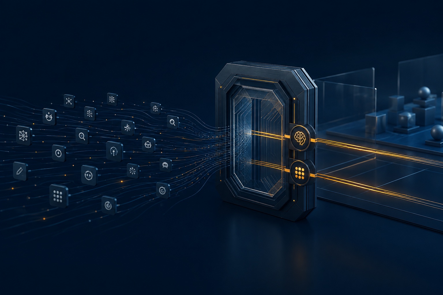 Conceptual illustration of AI services passing through a controlled security gateway